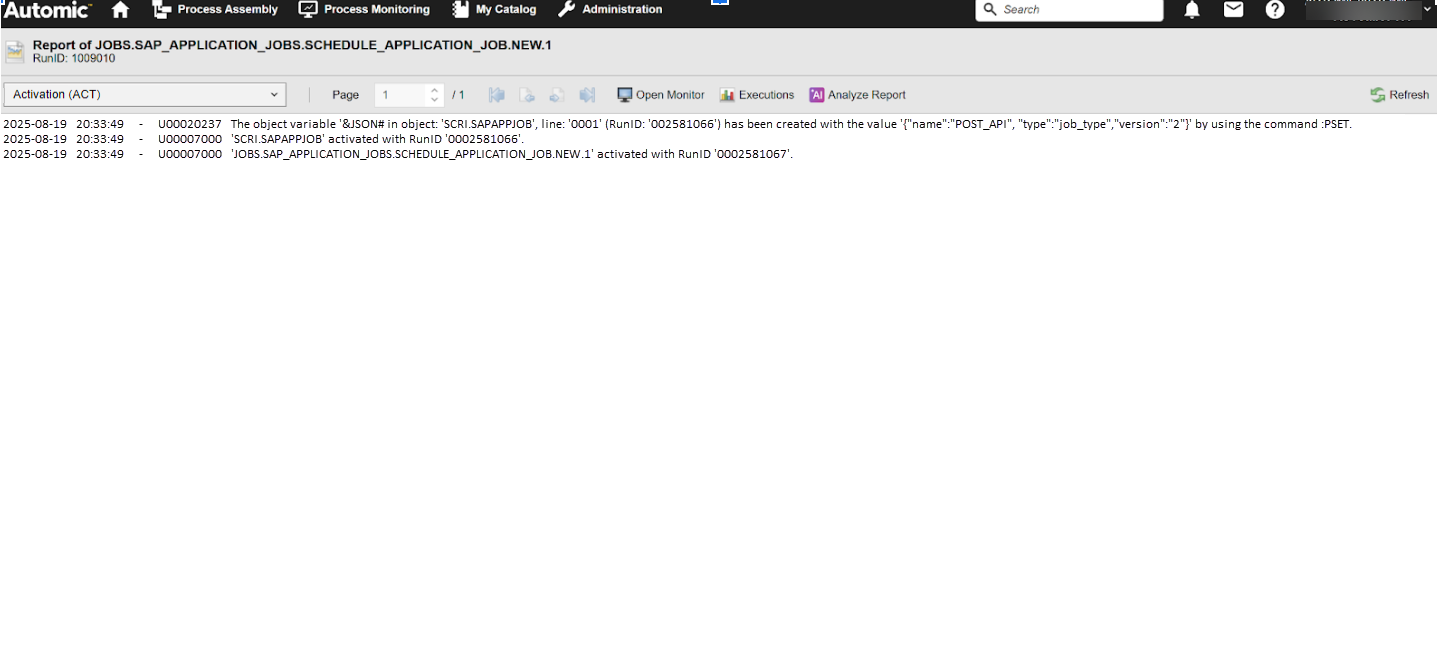 Screenshot of the Activation log of the SAP Schedule Application job after the workflow was successfully executed.
