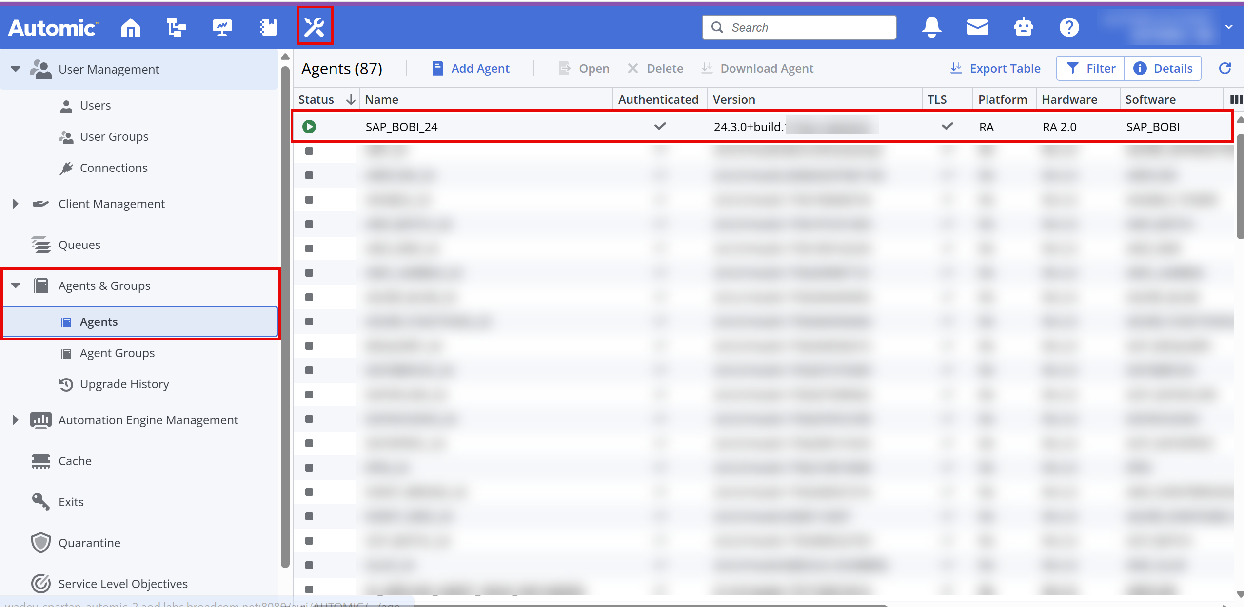 Screenshot of the Administration perspective showing the Agent list, where the newly installed Agent is highlighted.