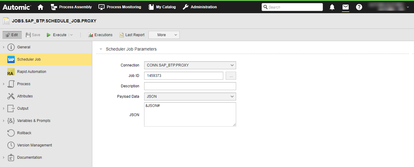 Screenshot showing an SAP BTP Scheduler job’s page where the variable name &JSON# is used in the JSON field.