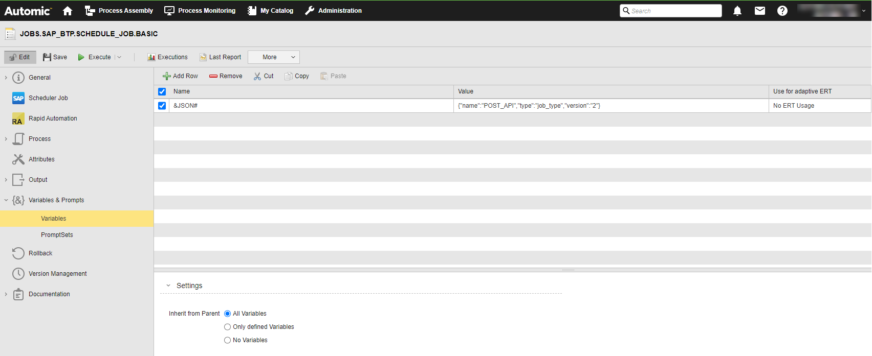 Screenshot shown the &JSON# variable definition on the Variables pane of a Scheduler Job