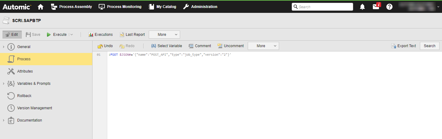 Screenshot of the Process pane of a Script object showing a :PSET command that defines the &JSON# variable.