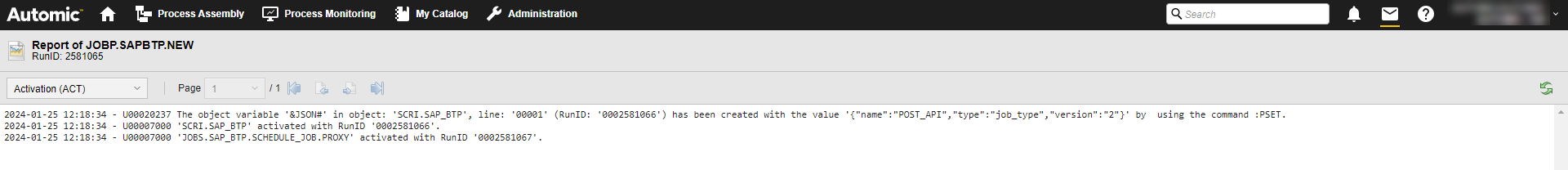 Screenshot of the Activation log after the workflow is successfully executed.