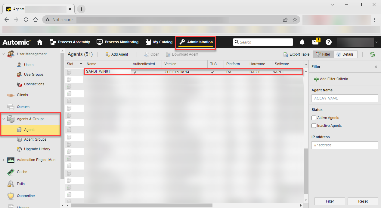 Screenshot of the Administration perspective showing the Agent list, where the newly installed SAP IBP Agent is highlighted.