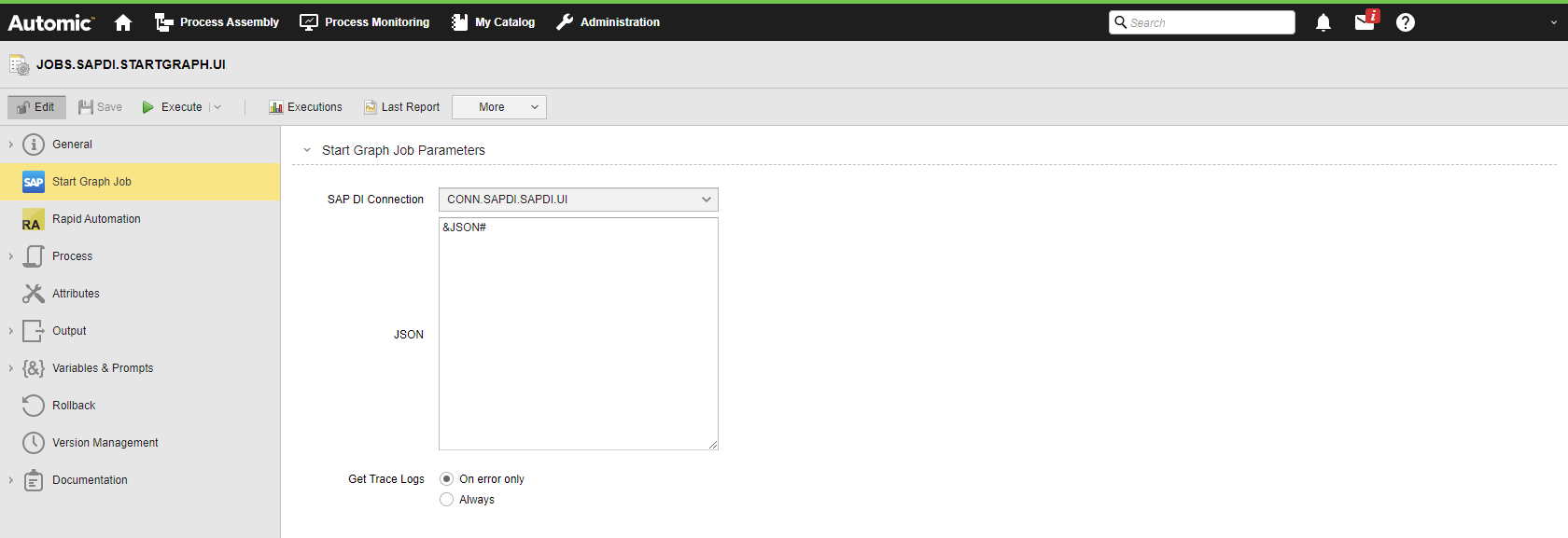 Screenshot showing the Start Graph Job pane where the JSON field includes a &JSON# variable