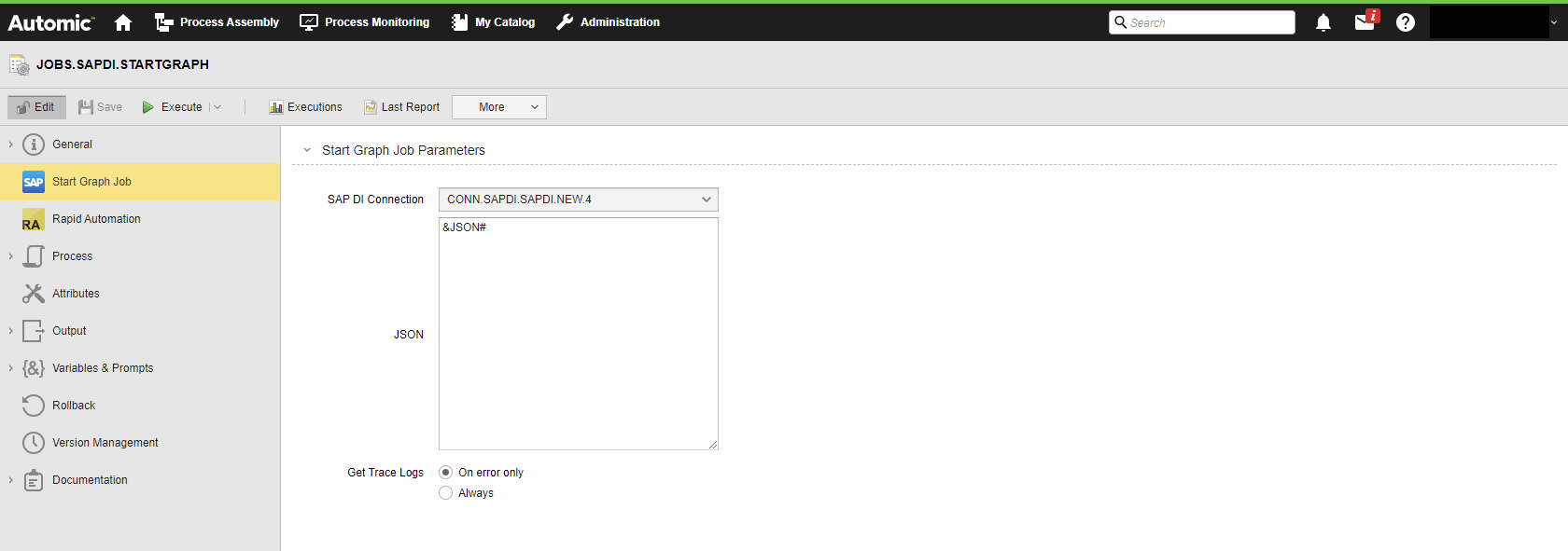 Screenshot showing the Start Graph Job pane where the JSON field includes a &JSON# variable