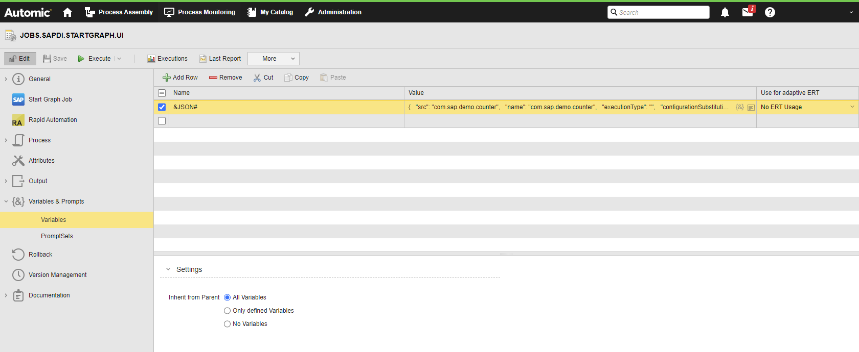 Screenshot shown the &JSON# variable definition on the Variables pane of a Start Graph Job