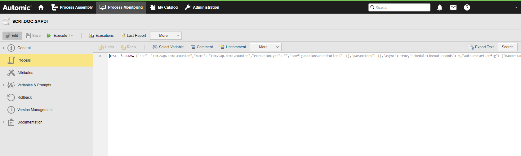 Screenshot of the Process pane of a Script object showing a :PSET command that defines the &JSON# variable.