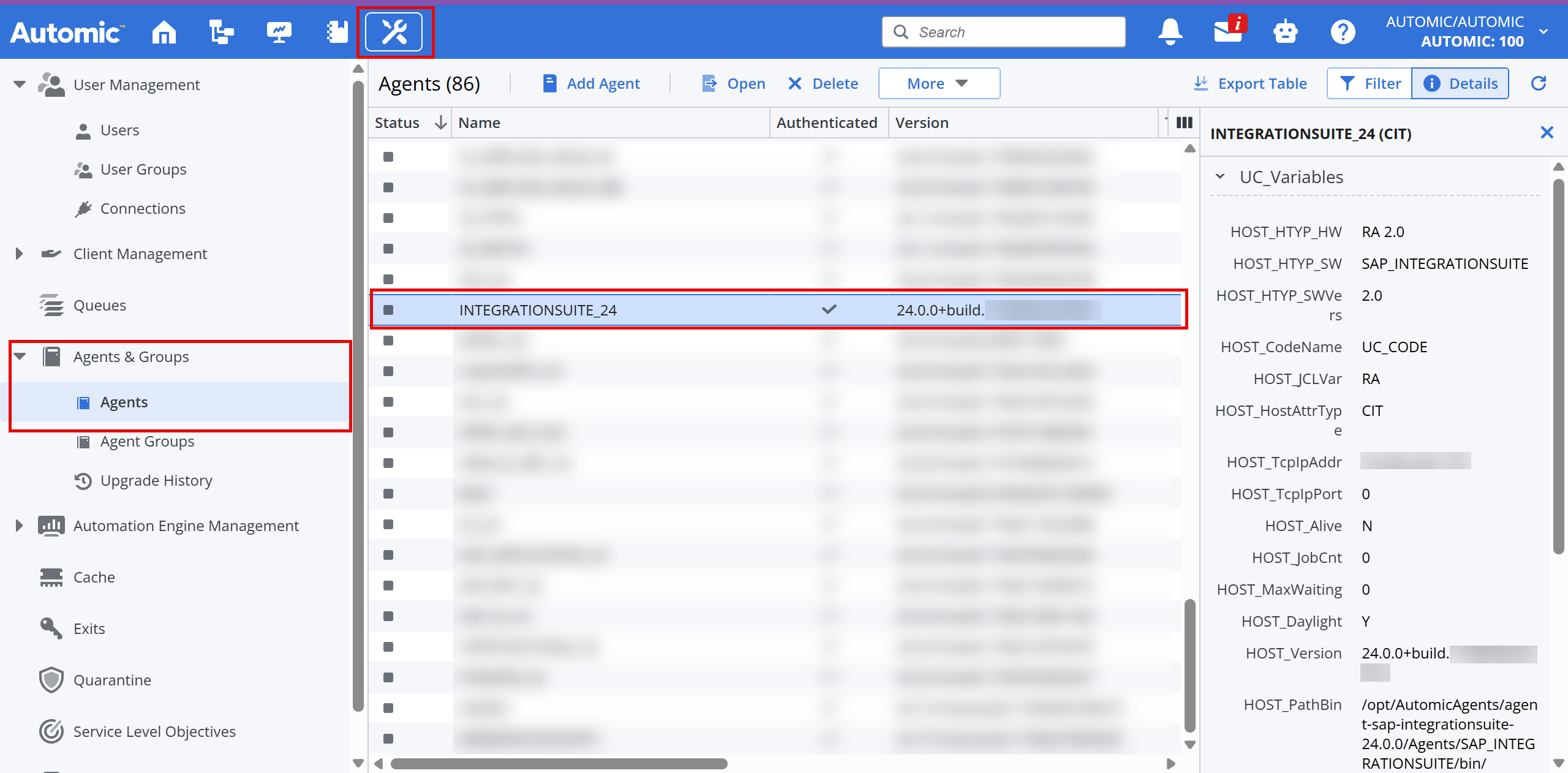 Screenshot of the Administration perspective showing the Agent list, where the newly installed Agent is highlighted.