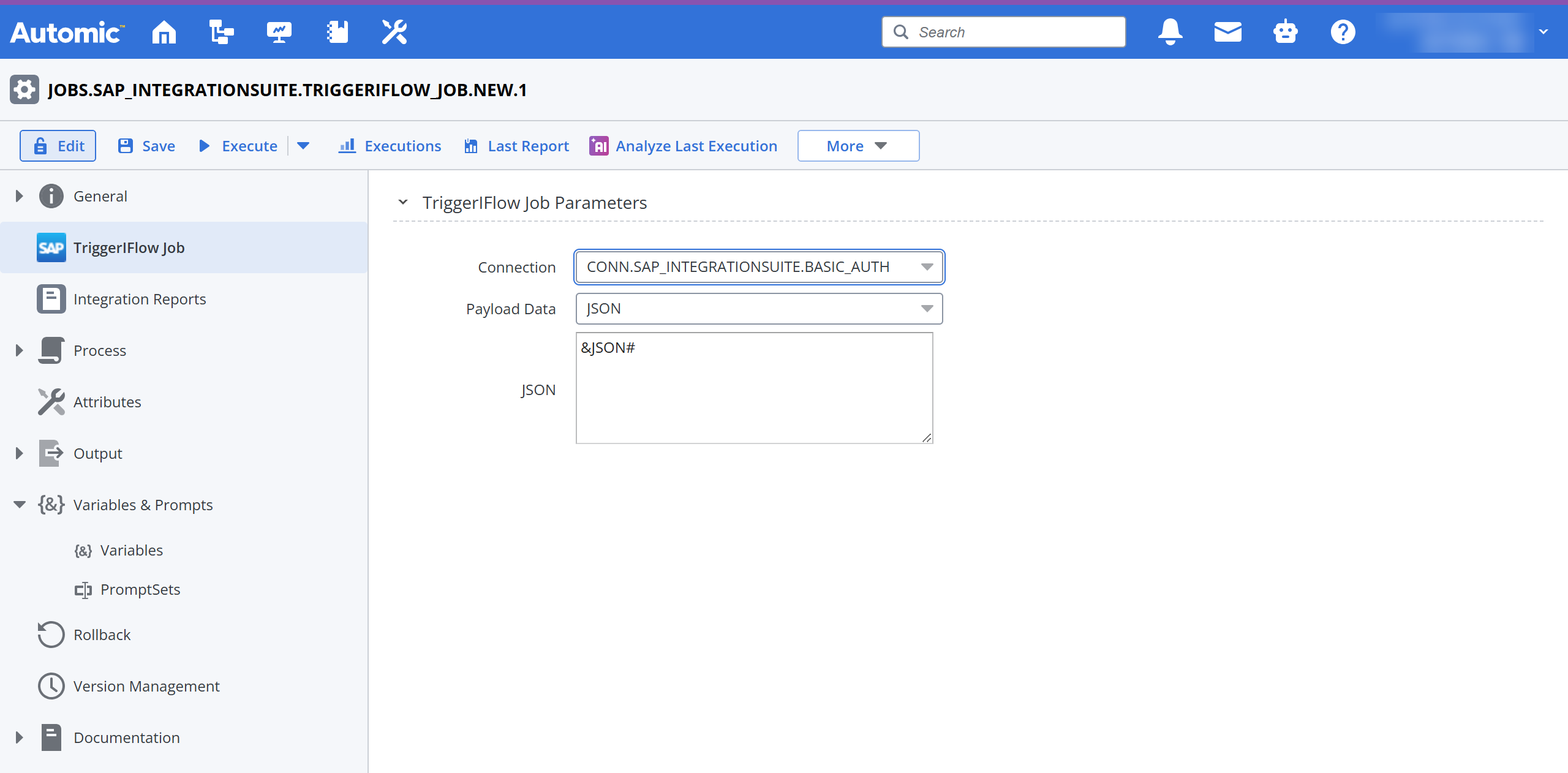 Screenshot showing the Trigger IFlowJob pane where the JSON field includes a &JSON# variable