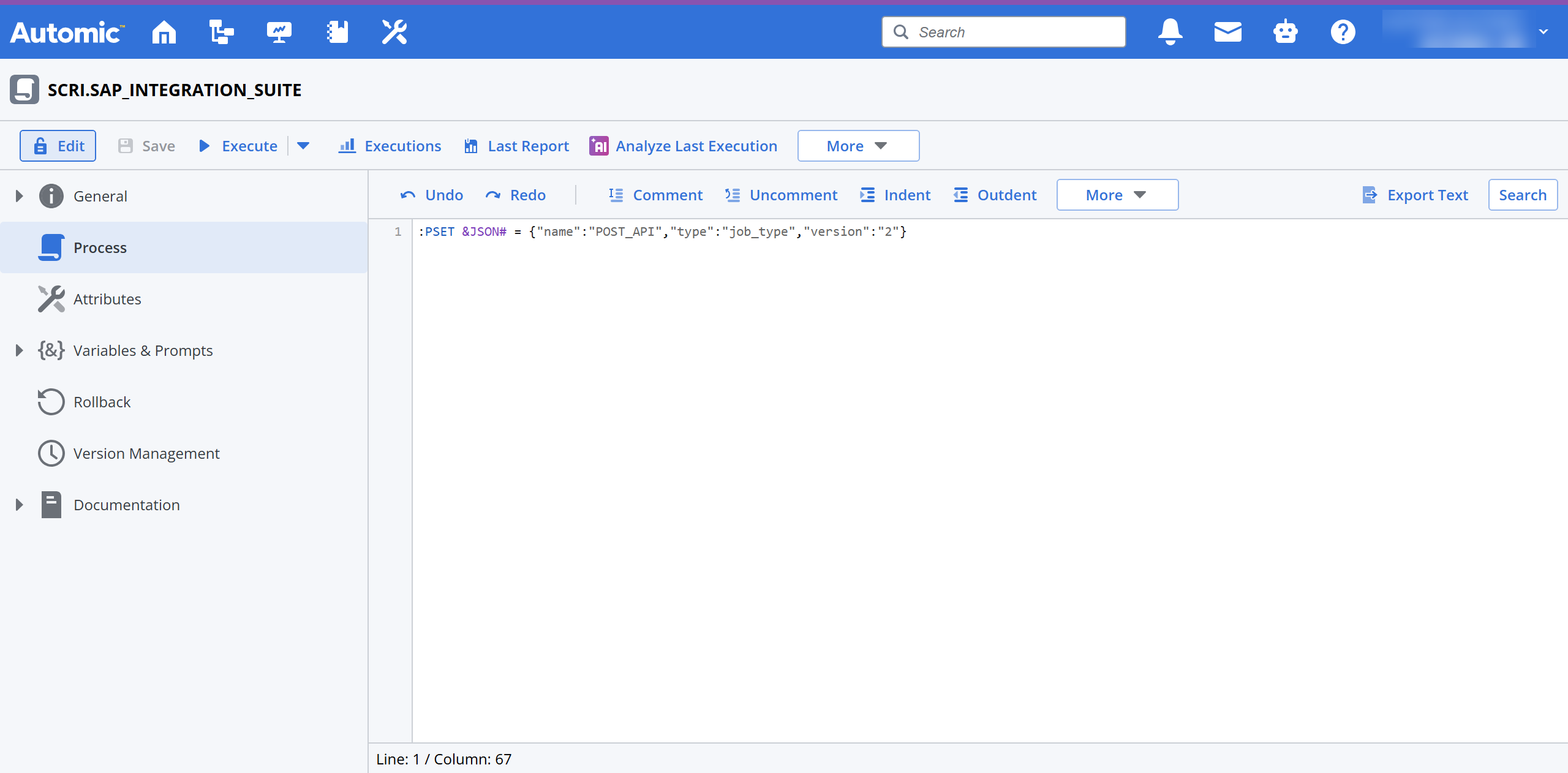 Screenshot of the Process pane of a Script object showing a :PSET command that defines the &JSON# variable.