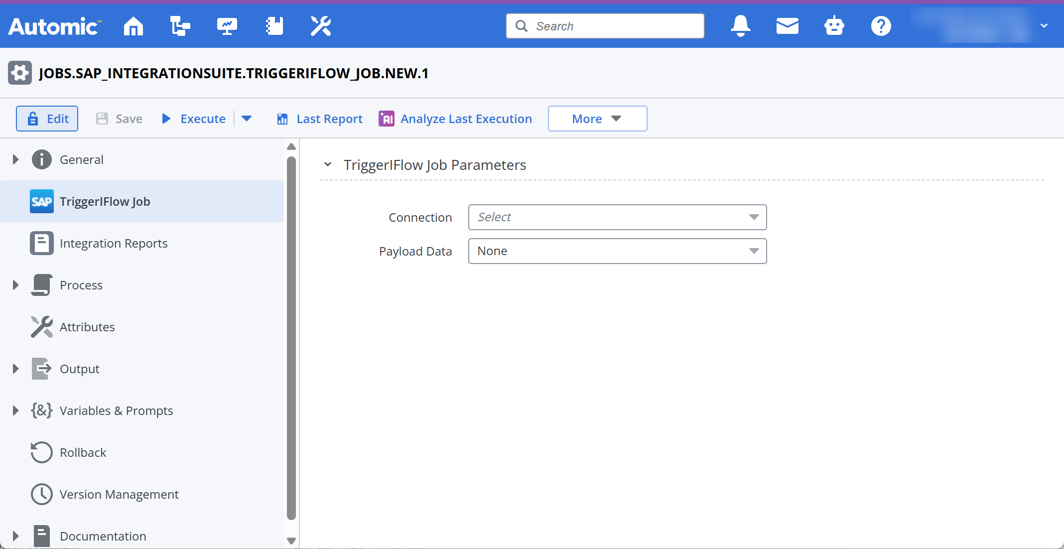 Screenshot showing the Automic UI of a SAP Integration Suite's TriggerIFlow Job page.