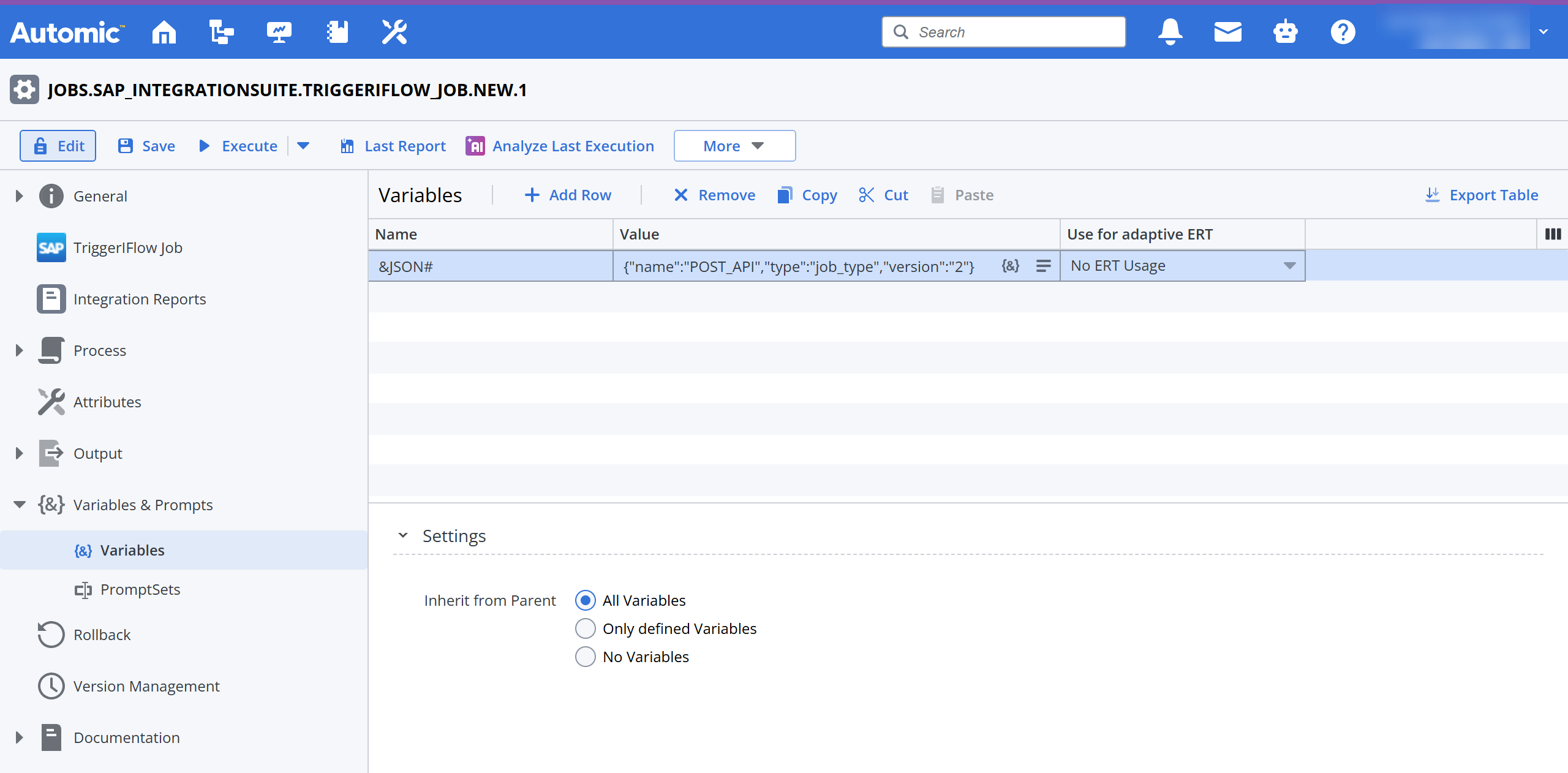 Screenshot showing the &JSON# variable definition on the Variables pane of a Trigger IFlow Job.