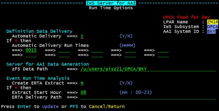 Screenshot of the Run Time Options panel for an IWS Server for AAI instance.