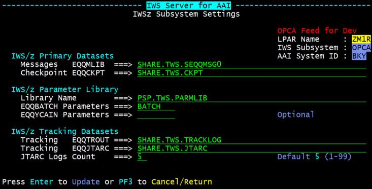Screenshot of the IWSz Subsystem Settings panel for an IWS Server for AAI instance.