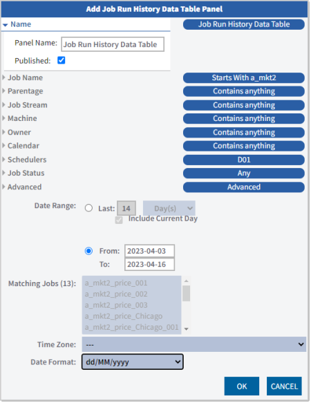 Screenshot of the configuration dialog for the Job Run History Data Table report