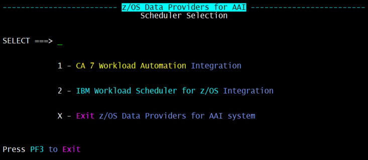 Screenshot of the zOS Data Providers for AAI Scheduler Selection menu