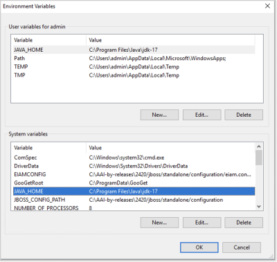 Windows Environment Variables / System Variables dialog showing JAVA_HOME with Java 17 value