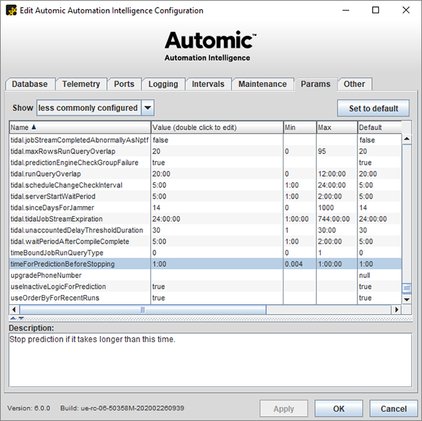 Screnshot of the "Edit Automic Automation Intelligence Configuration" dialog, where the "timeforpredictionbeforestopping" parameter is selected.