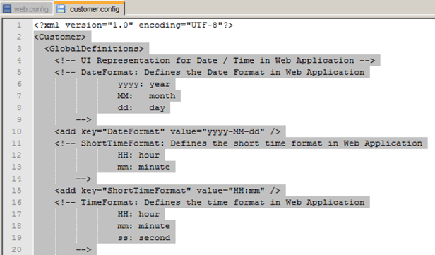 Image showing customer.config content