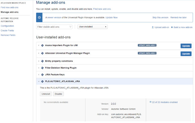 Image showing manage add-ons view in jira