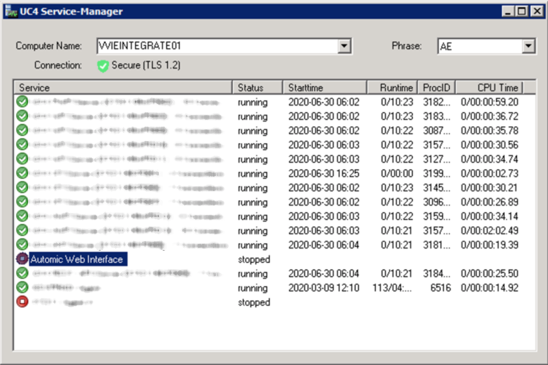 Screenshot of the UC4 Service Manager dialog showing a new entry for the AWI