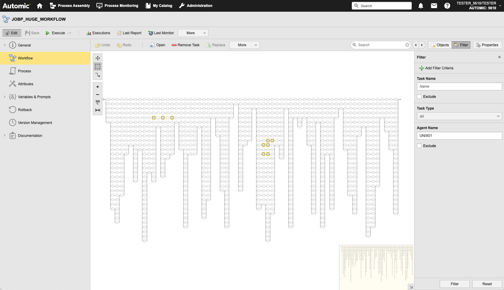 Screenshot of the task filter in the Workflow editor.