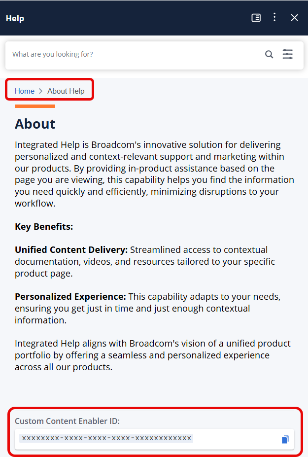 Image showing the location of the Custom Content Enabler ID in the About section of the Home tab.
