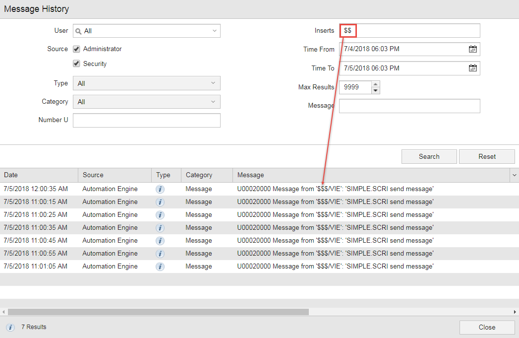Screenshot of the Messages History dialog with the Inserts field highlighted for easier recognition