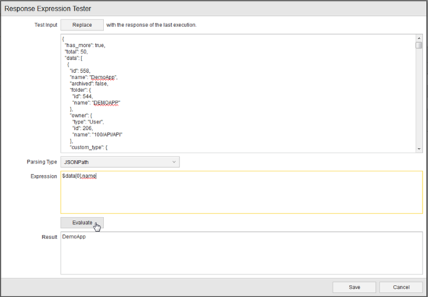 Image displaying  Response Expression Tester dialog
