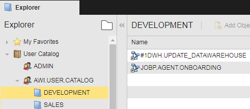 Screenshot of the development folder in the User Catalof, where the Workflows are now available