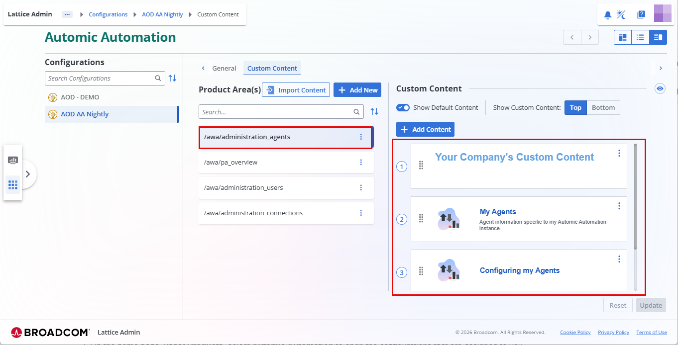 The Automic Automation Custom Content configuration screen, showing how users can reorder custom content blocks like "My Agents" for the administration agents product area.