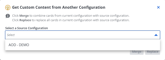 Get Custom Content from Another Configuration dialog box showing the source selection drop-down menu.