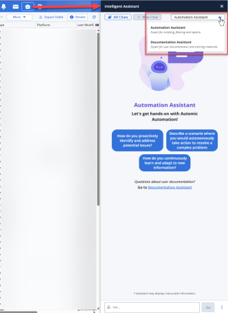 Screenshot of the UI where the bot icon is highlighted and the Intelligent Assitant pane is displayed. he dropdown list that gives access to the Automation Assitant and to the Documentation Assistant is also highlighted.