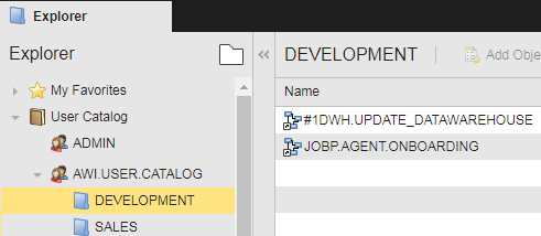 Capture d'écran du dossier Développement dans le Catalogue de l'utilisateur contenant désormais les workflows