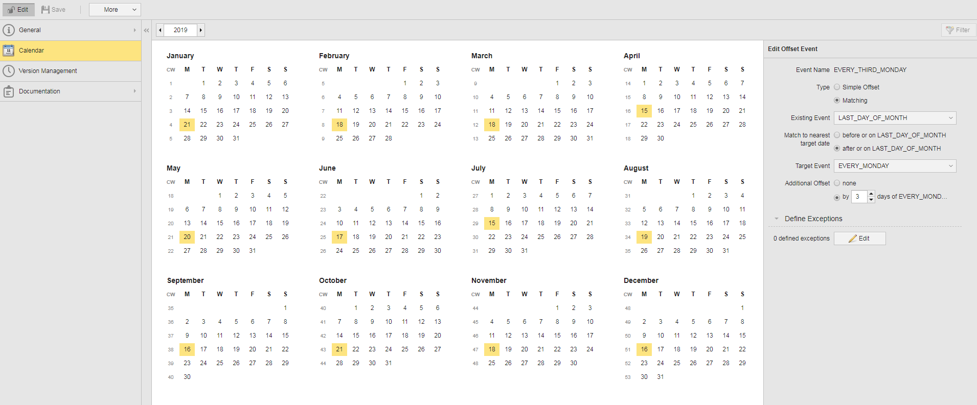 Screenshot der Kalenderansicht, in der die Ereigniskonfiguration für jeden dritten Montag im Kalender angezeigt wird, wie in den vorhergehenden Anweisungen beschrieben.