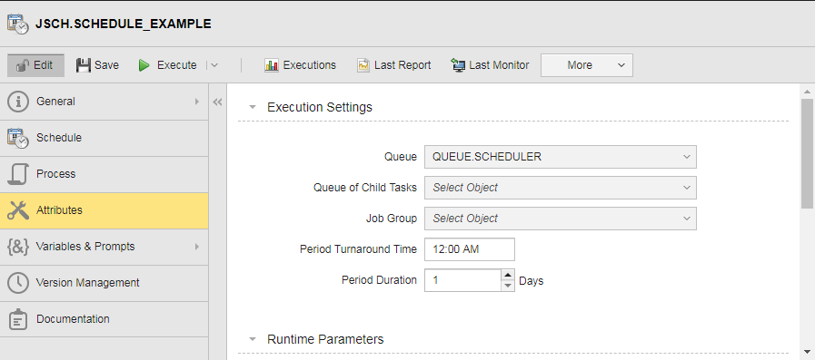 Screenshot der Attributseite eines Schedule-Objekts