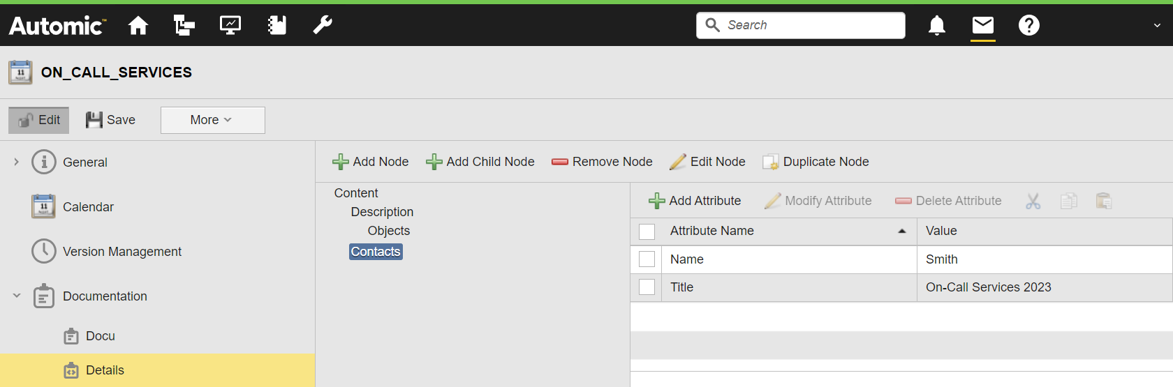 Screenshot des Kalenderobjekts ON_CALL_SERVICES mit dem Namensattribut "Smith" und dem Titelattribut "On-Call Services 2023"