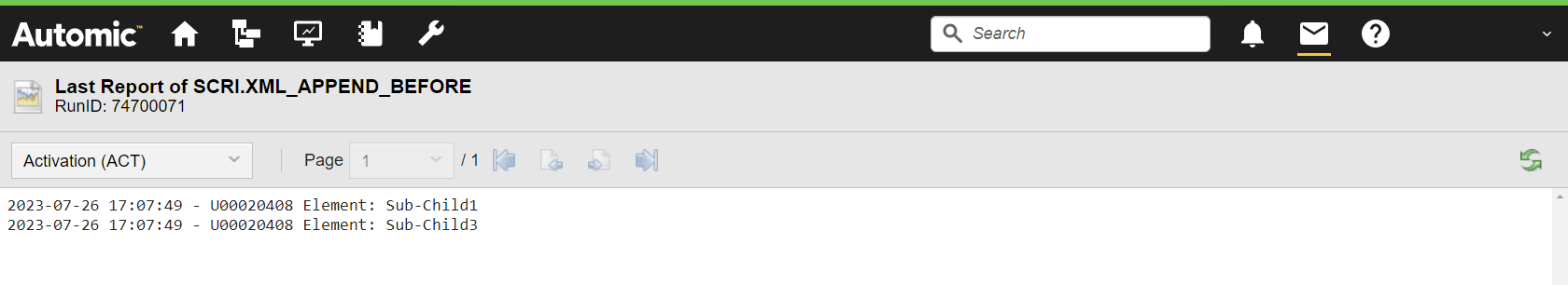 Screenshot des letzten Reports des Script-Objekts XML_APPEND_BEFORE mit "sub-child1" und "sub-child3"