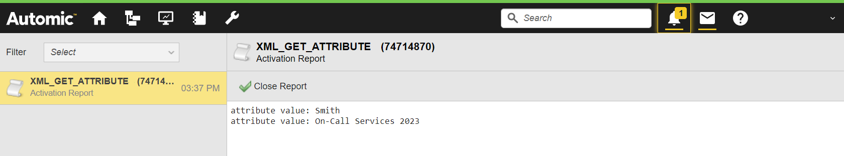 Screenshot des Aktivierungsreports von XML_GET_ATTRIBUTES mit den Attributwerten "Smith" und "On-Call Services 2023"